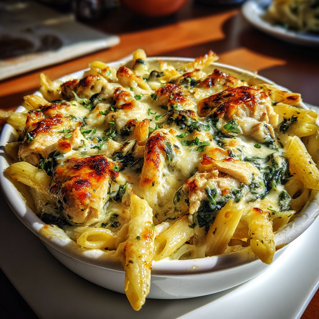 Cheesy Spinach Dip Chicken Pasta Bake: 5 Flavorful Layers