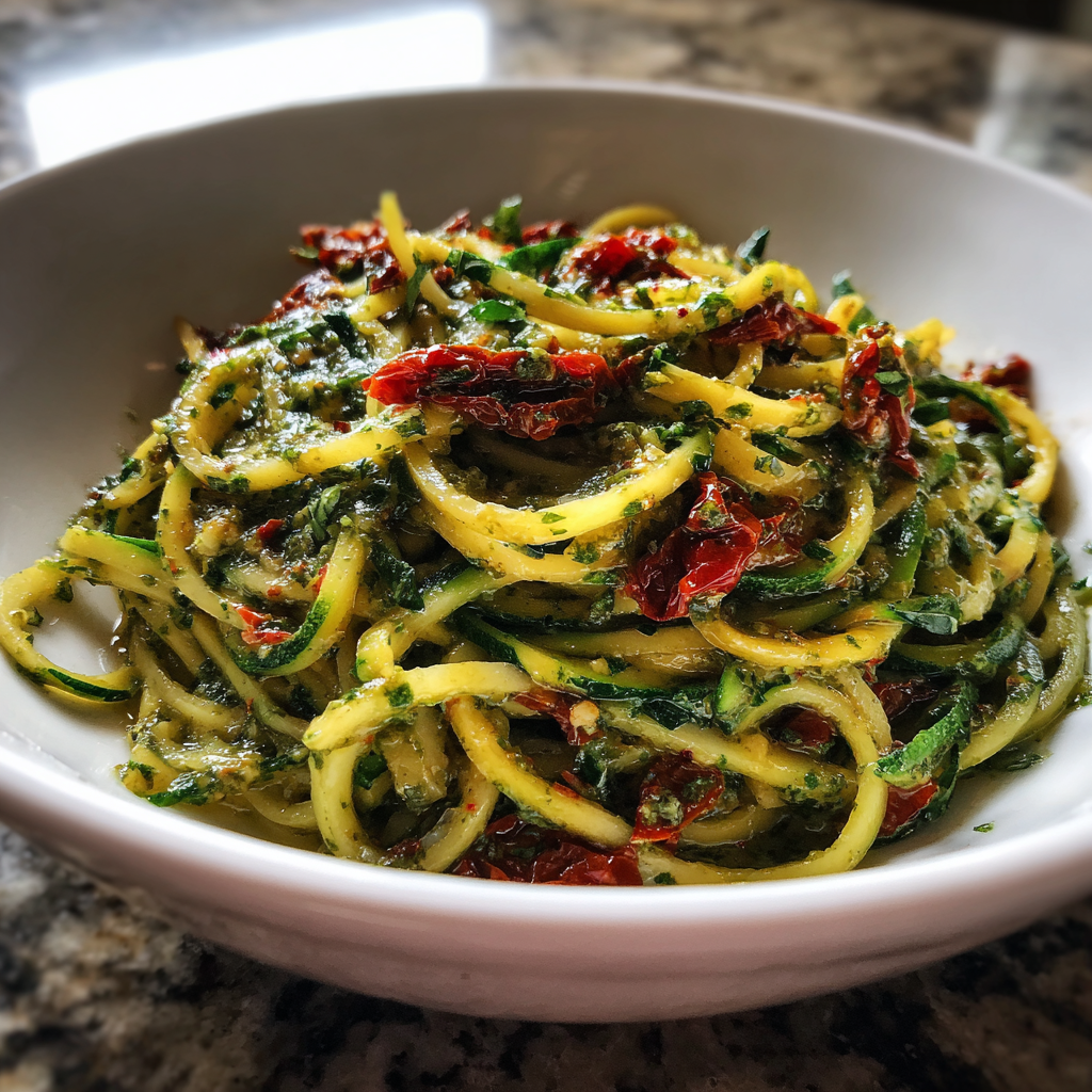 Pesto Zucchini Noodles with Sun-Dried Tomatoes Delight